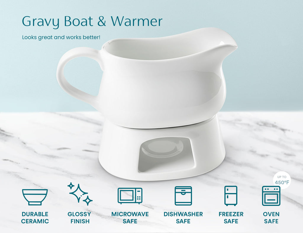 Ceramic Gravy Boat with Warmer, Spill-Free, 17 oz, White