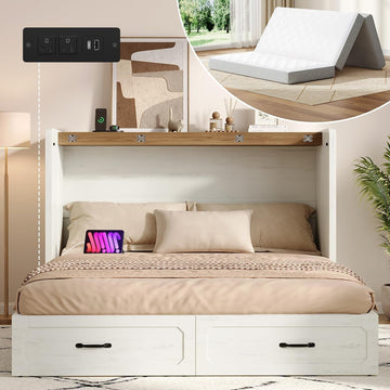 Queen Murphy Bed with 4" Trifold Mattress, Farmhouse Murphy Cabinet Bed with Storage Drawers, Charging Station & Hidden Compartment, Hideaway Bed Cabinet for Bedroom, Guest, Rustic White