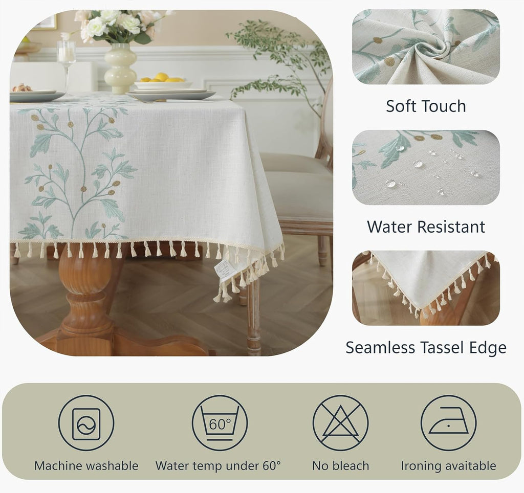 Embroidered Tablecloth Rectangle 55 x 75 Inch, Farmhouse Otanical Floral Table Cloth Waterproof Wash