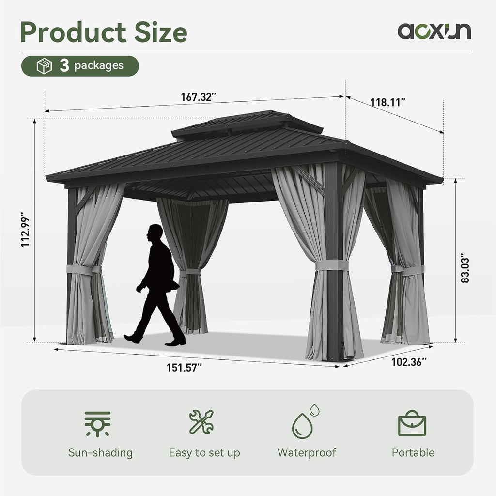 10'x14' Hardtop Gazebo, Metal Frame Canopy with Double Galvanized Steel Roof, Outdoor Metal Pavilion with Netting