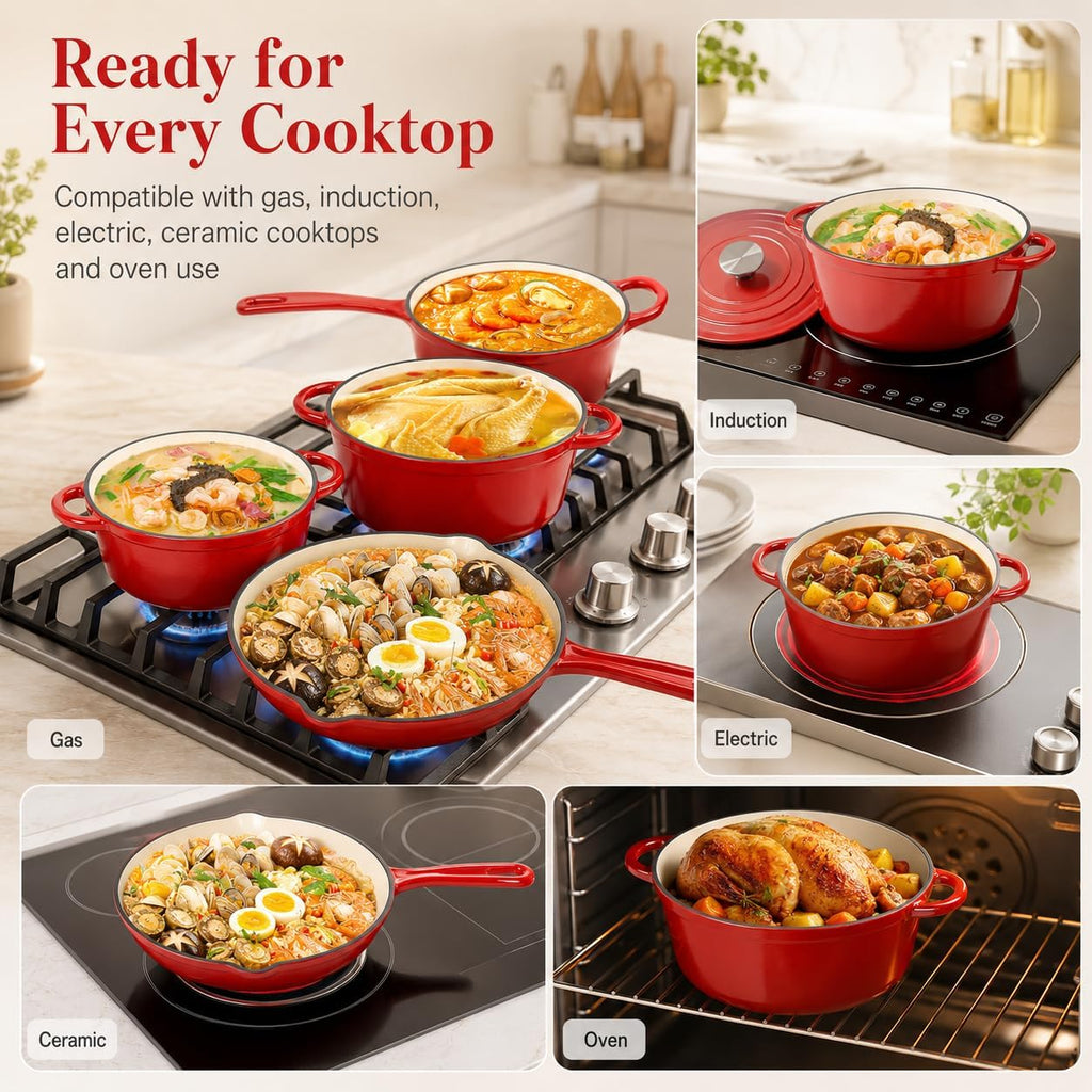 Enameled Cast Iron Cookware Set,7 Piece Dutch Ovens Set,Red | Ceramic Coated Cast Iron,Sauce Pan,Skillet,3 Lids,Pots