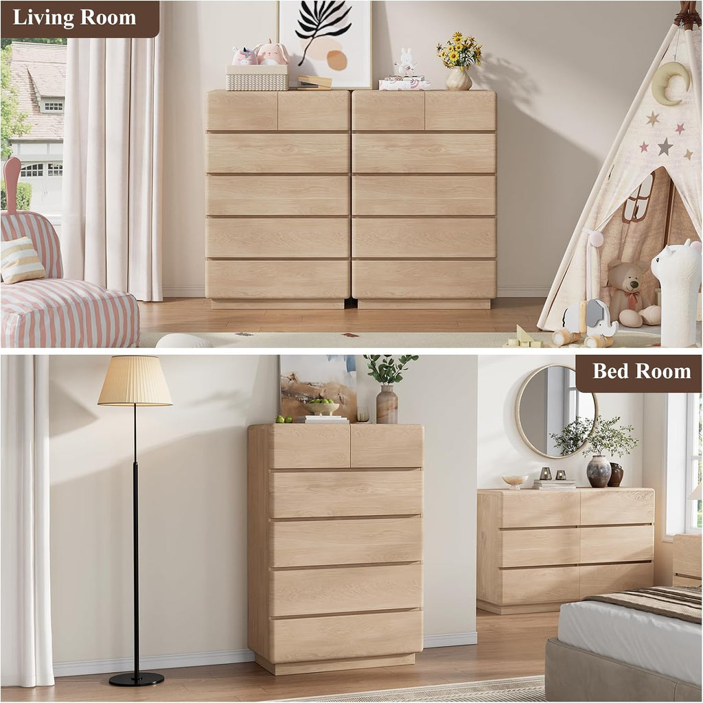 Natural 6 Drawer Dresser , 48" Tall Chest of Drawers | Curved Profile Design, Thickened Base, Handless design, Unique