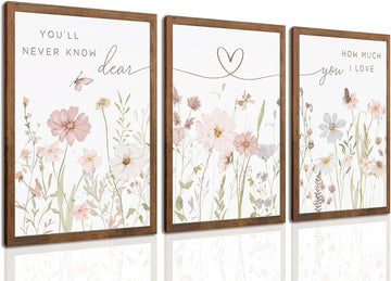 Rustic Floral Wall Art Set of 3, Watercolor Wildflower Prints with Heart Line and Inspirational Quotes Neutral
