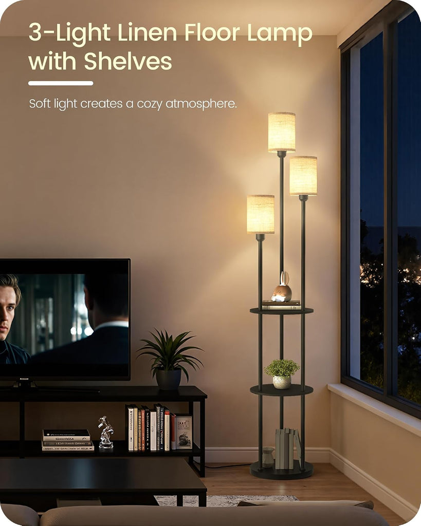 Floor Lamp with Shelves, Modern Floor Lamp with 3 Linen Shades and Foot Switch, 3-Light Standing Lamp