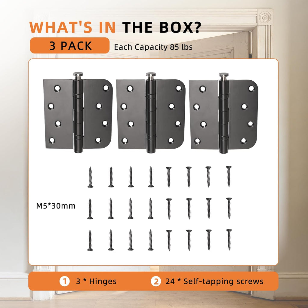 3 Pack Black Heavy Duty Pin Removable 4" X 4 Inch Stainless Steel Ball Bearing Square Door Hinges with 5/8" Radius