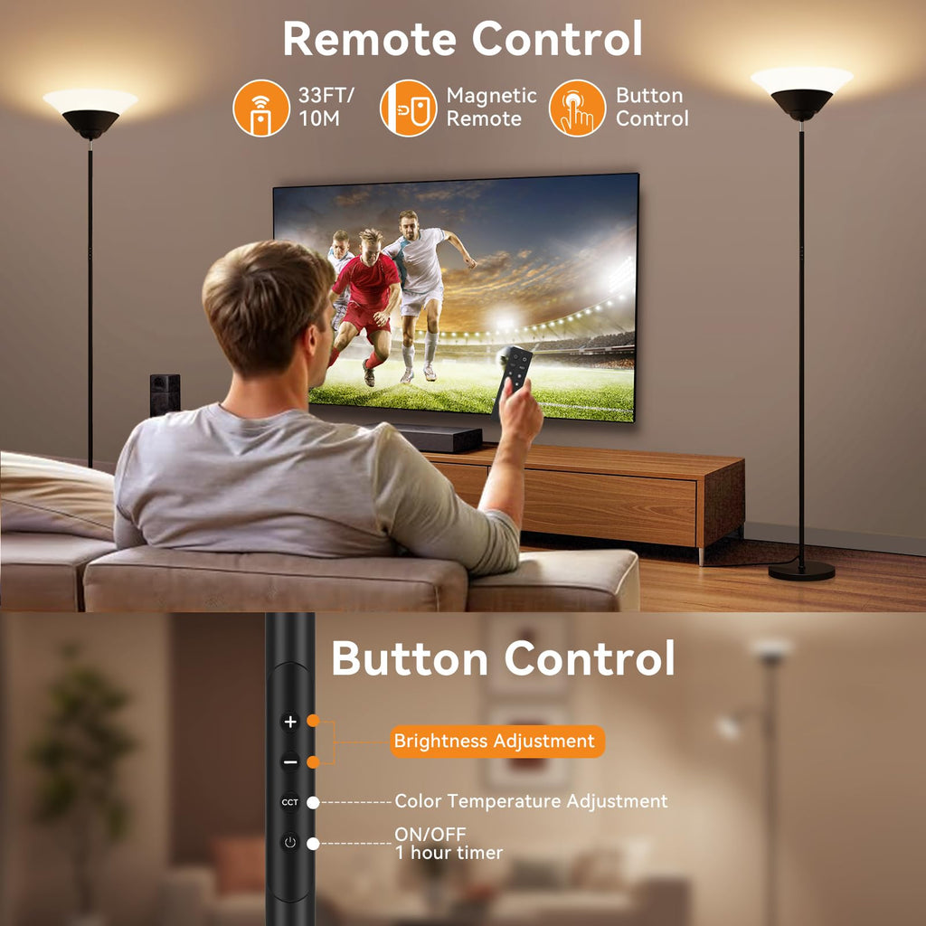 Floor Lamps, 72" Tall LED Standing Lamp with Remote/Button Control, 3000-6500K, 30W 1800LM Stepless Dimmable Modern