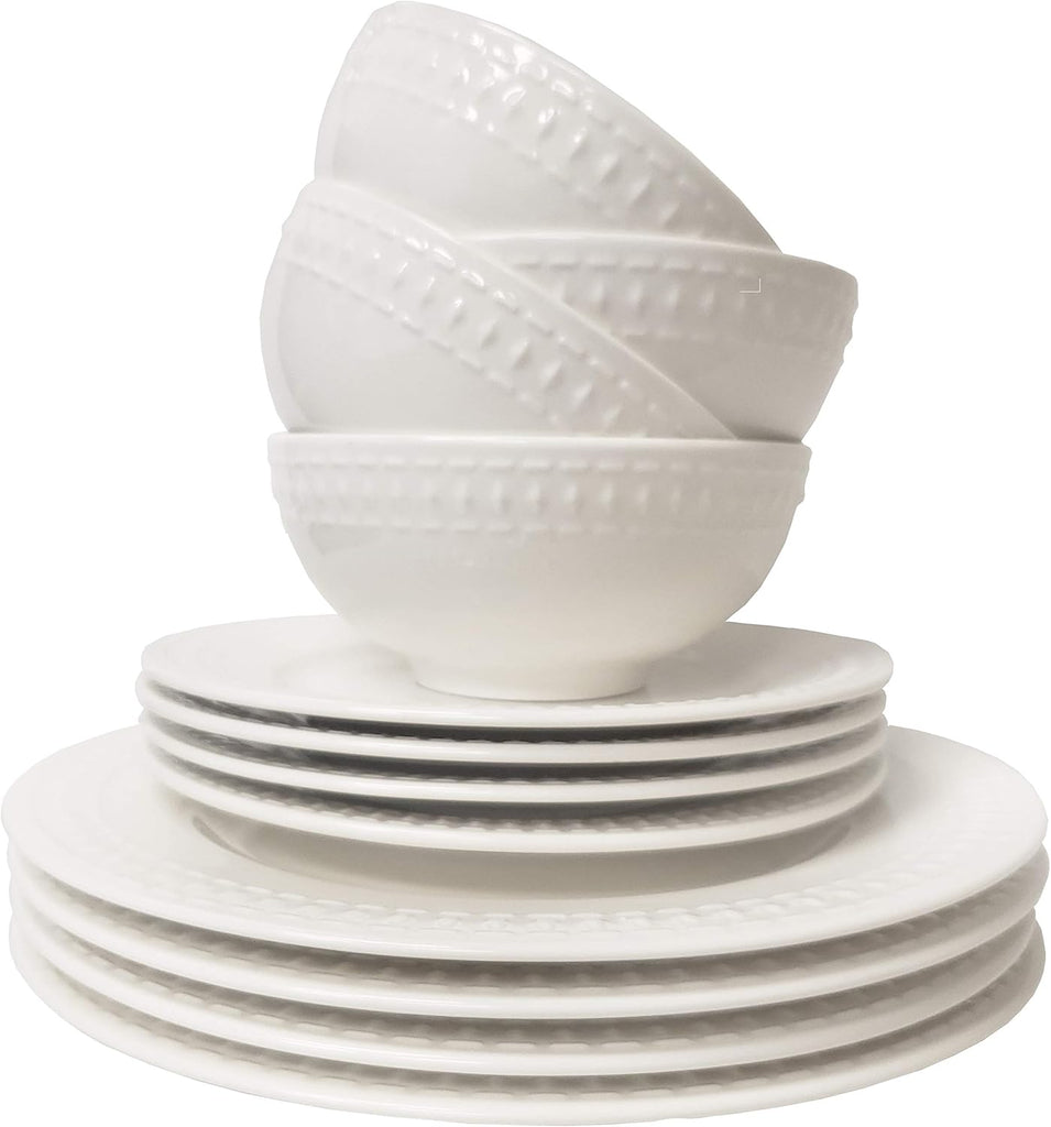 Tabletops Gallery Embossed White Porcelain Round Dinnerware - Bloom 12 Piece Dinnerware Set