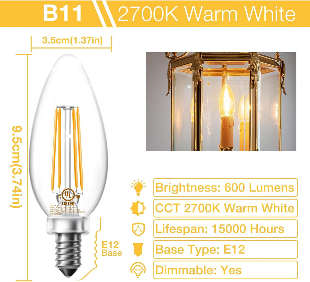 Dimmable E12 Candelabra LED Light Bulbs, Chandelier Light Bulb 60 Watt Equivalent, 5.5W 600 LM 2700K Warm White, B11