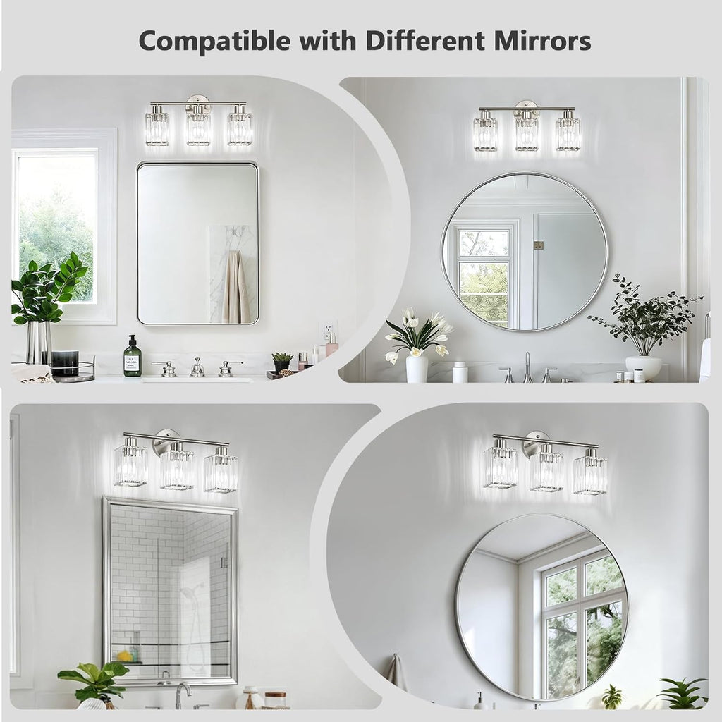 3 Light Bathroom Light Fixtures, Modern Crystal Vanity Lights over Mirror | Metal Frame, Bathroom Light with Square