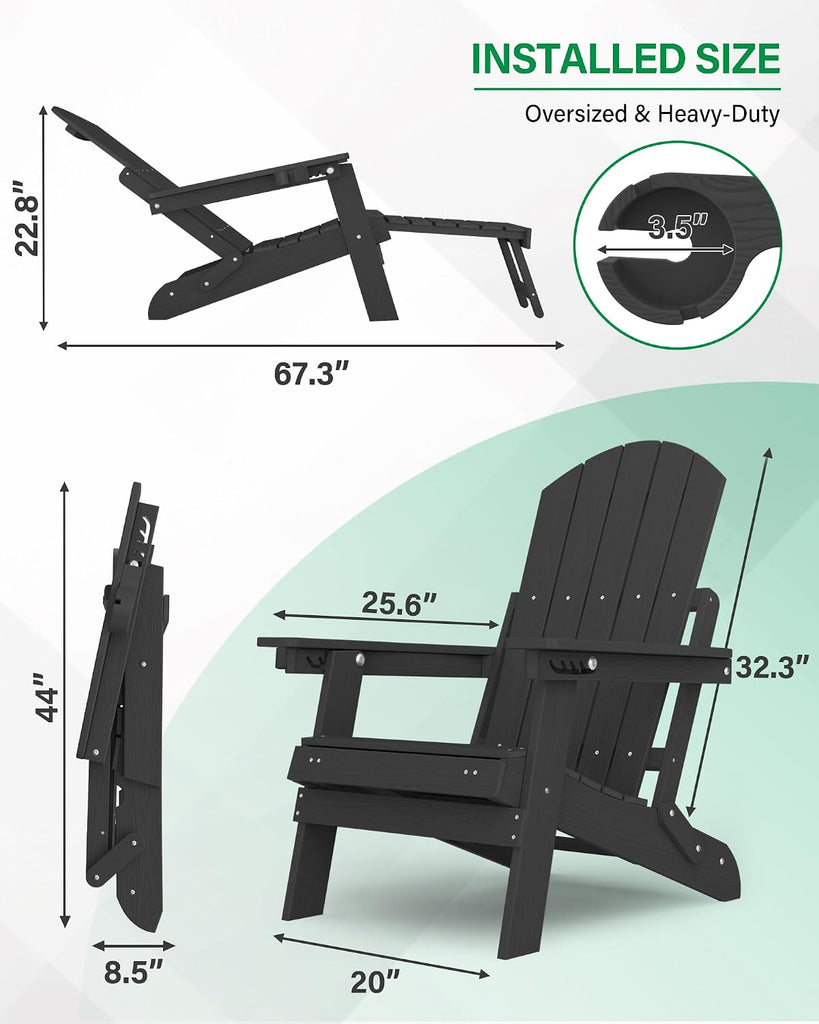 Adjustable Adirondack Chair with Footrest,All-Weather, Black | 5-Level Adjustable Backrest, Folding Fire Pit Chairs
