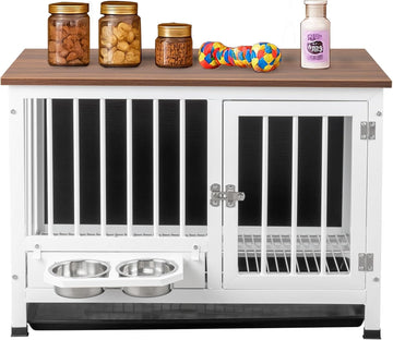 Dog Crate Furniture, 32.5" Wooden Dog Kennel with 360° Swivel Feeder, Dog Cage Indoor for Small and Medium Dogs, Easy