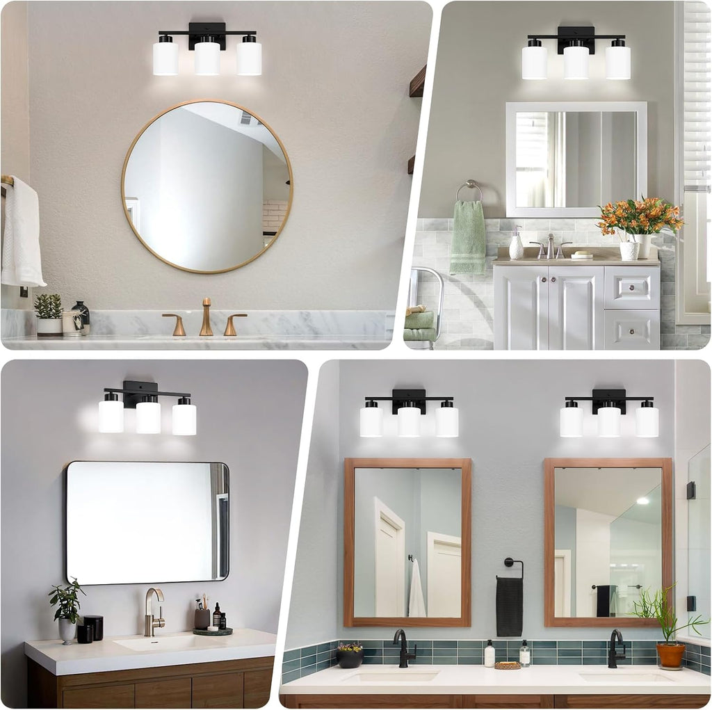Black Bathroom Light Fixtures Vanity Lights Over Mirror | Modern 3-Light lighting fixtures with Milky White Frosted