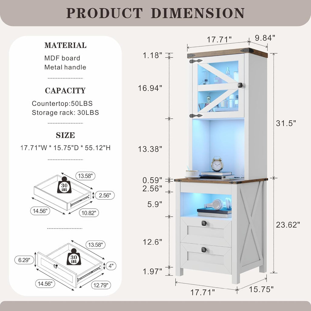 Tall Nightstand with Gun Drawer, LED Lights&Charging Station, Farmhouse | Adjustable Shelves, USB & Type-C Charging