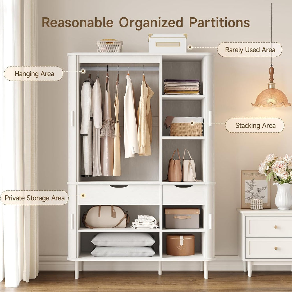 Armoire Wardrobe Closet with Sliding Doors and 2 Drawers, 71" Mid-Century Modern Bedroom Armoires with Hanging Rod