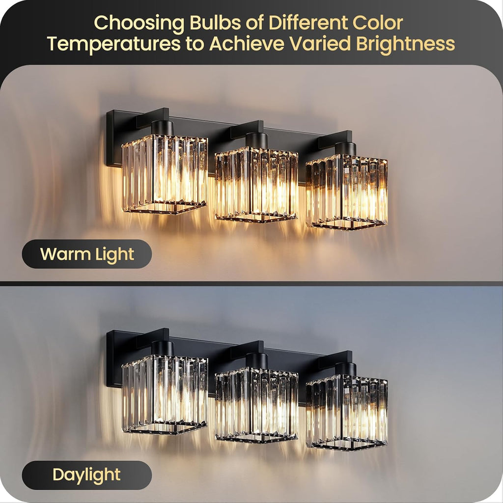 Modern Crystal Vanity Light, 3-Light Bathroom Light Fixture, 22" Square Vanity Lighting Fixture, E26 Base, Bulbs Not
