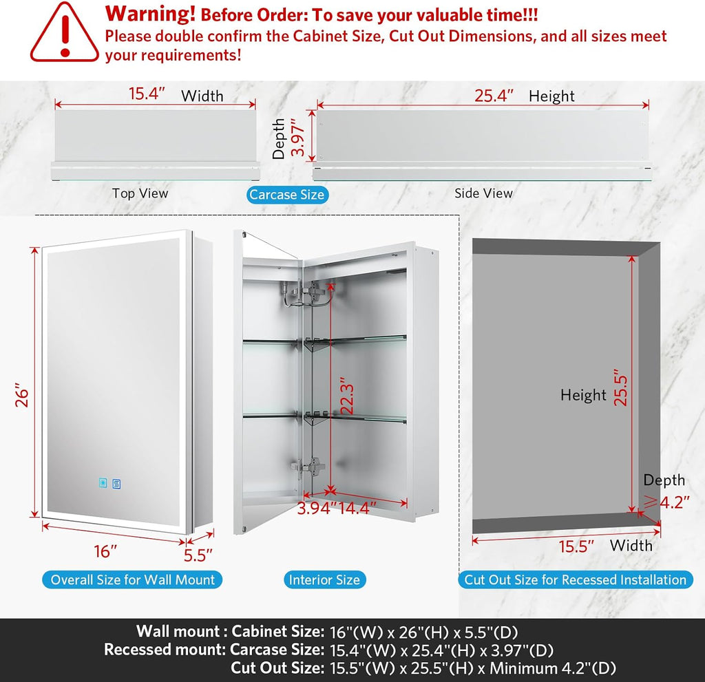 16"x26" LED Medicine Cabinet with Mirror, Recessed or Surface