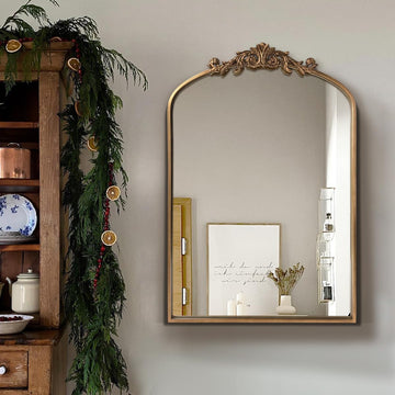 Antique Mirror, Gold Traditional Vintage Ornate Baroque Arched Brass Mirrors Entryway/Fireplace/Living