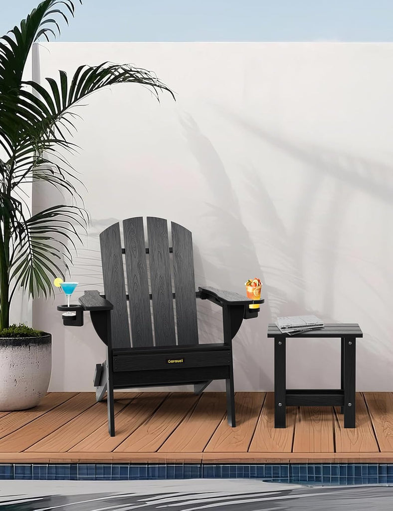 Folding Adirondack Chair, Wooden Textured Plastic Adirondack Chairs with 2 Cup Holder, Weather Resistant HDPE Fire