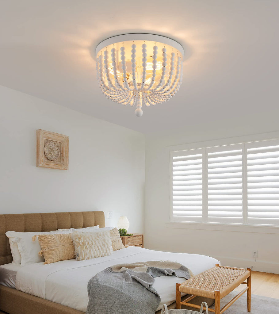 White Boho Beaded Chandeliers Flush Mount Ceiling Light, 3-Lights Small Chandelier Light Fixture, Stairway Gazebo