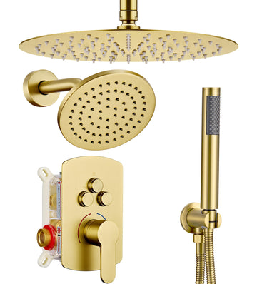 Rainfall Full Body Shower Faucet System with 12'' Round Shower & 6'' Round Shower, Brushed Gold Dual Shower Head
