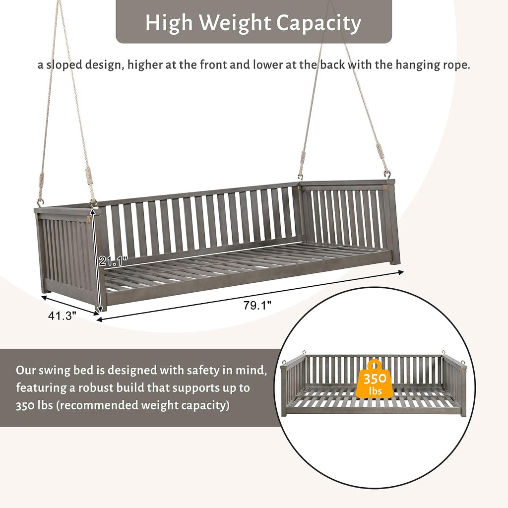 Patio Twin Size Garden Swing Bed Wood Porch Swing Loveseat Chair with Ropes for Backyard, Safe Sloped Design