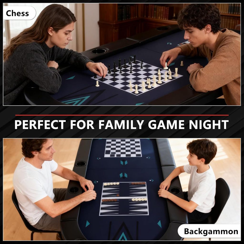 4-in-1 Poker Table Foldable, 8 Player Folding Poker Table w/Interchangeable Texas Holdem/Blackjack Game Mat & Built-in Chess/Backgammon Board, Portable Game Table for Home Party（72inch