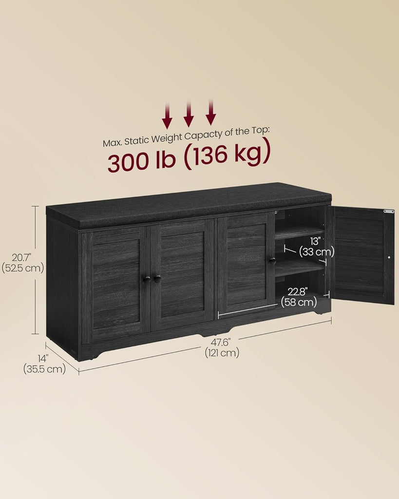 Shoe Storage Bench with Cushion, 3-Tier Entryway Bench with Padded Seat, Doors, Adjustable Shelves, 14 x 47.6 x 20.7