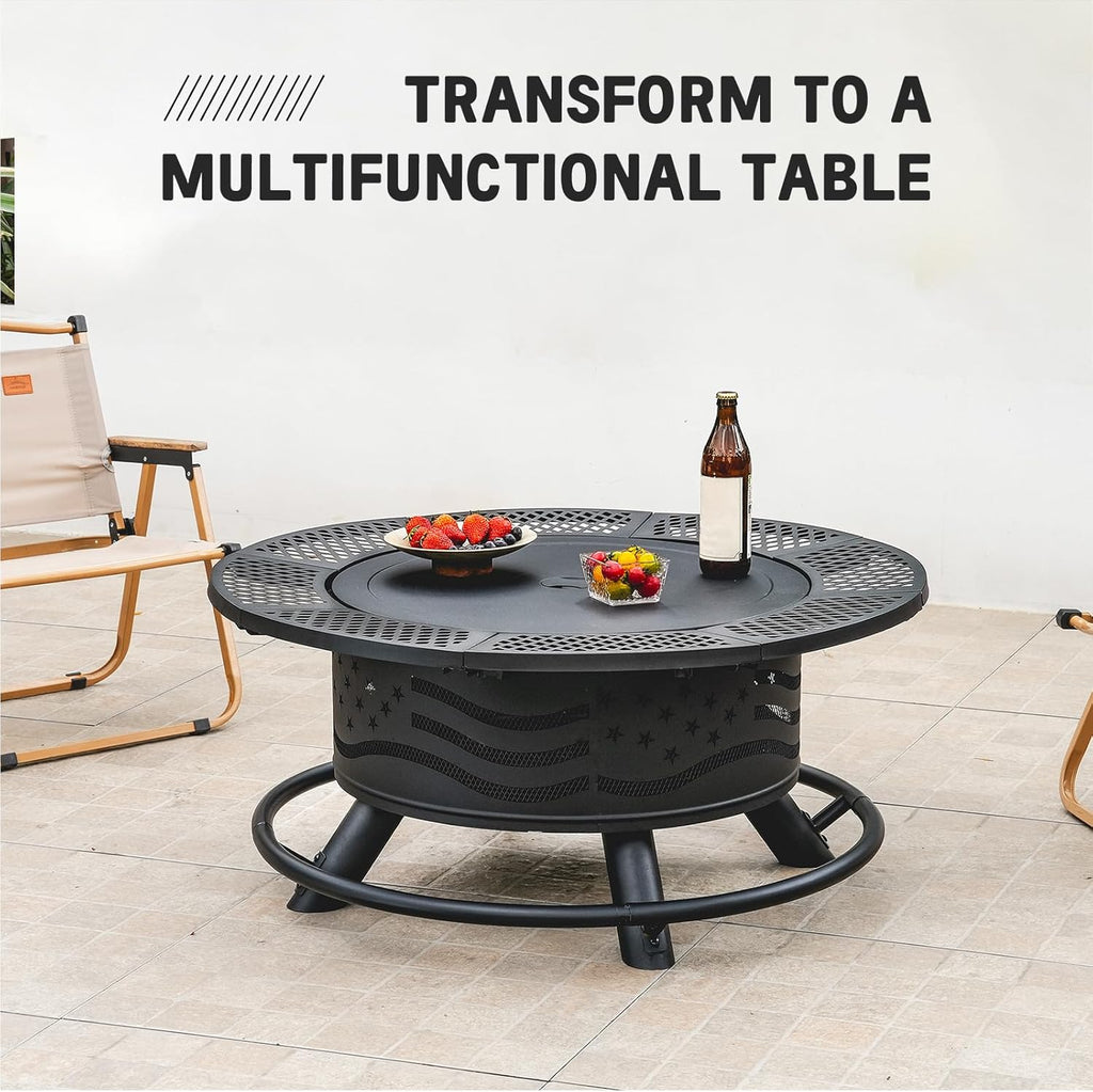36 Inch Fire Pit with 2 Cooking Grates, Wood Burning BBQ Grill Firepit Bowl with Cover Lid, Steel Round Table - Black