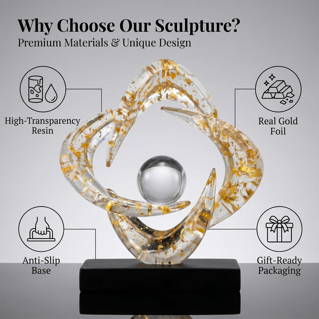 Modern Abstract Sculpture Decor, 10.8" Gold Resin Art Statue | Clear Gold Resin Art Statue for Coffee Table