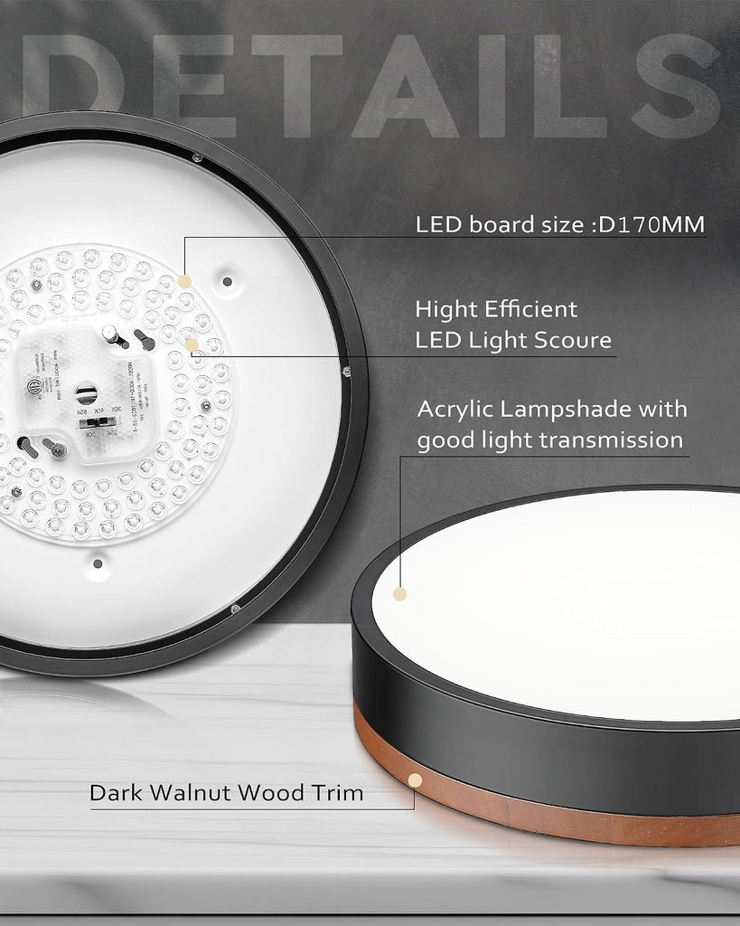 12" Modern Flush Mount Ceiling Light,Deep Wood and Black,1 PK | Close to Ceiling,5CCT 24W Dimmable LED,Bright Light
