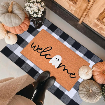 Halloween Door Mat Combo Set, Welcome Ghost Coco Coir Welcome Doormat + 28" x 43" Black and White Plaid Rug, Autumn