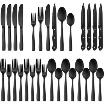 24 Pieces Matte Black Silverware Set with Steak Knives for 4, Stainless Steel Flatware Utensils Set, Hand Wash