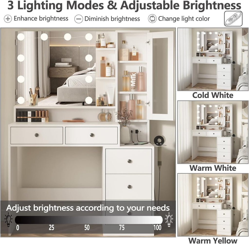 White Makeup Vanity Desk with Mirror and Lights,Vanity Table with Power Strip and Lighted Mirror,Large Makeup Table