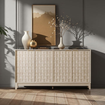 Fluted Sideboard Cabinet with Storage - Solid Wood Buffet for Dining Room, Credenza Console with Adjustable Shelves
