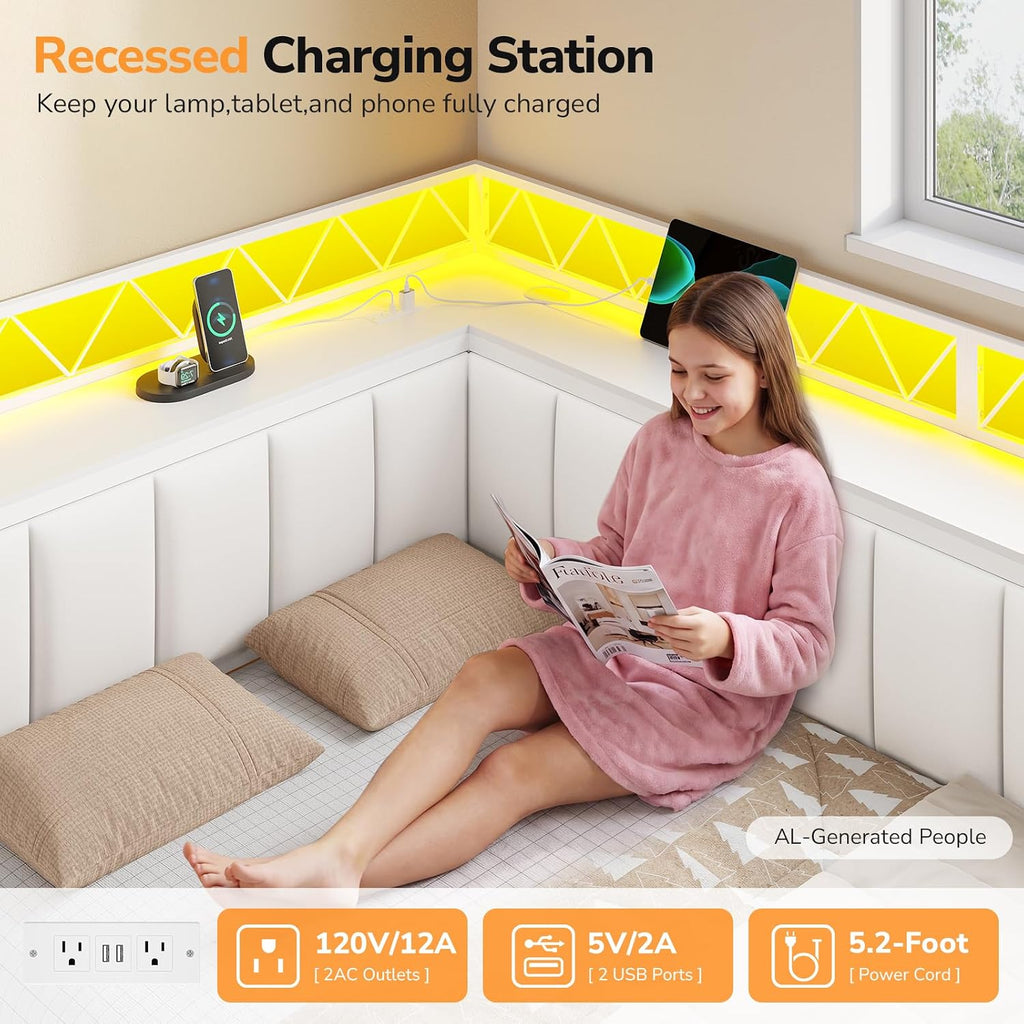 Twin Corner Bed Frame with 6 Storage Drawers and Upholstered Guardrail, Charging Station Twin Size Platform Bed Frame