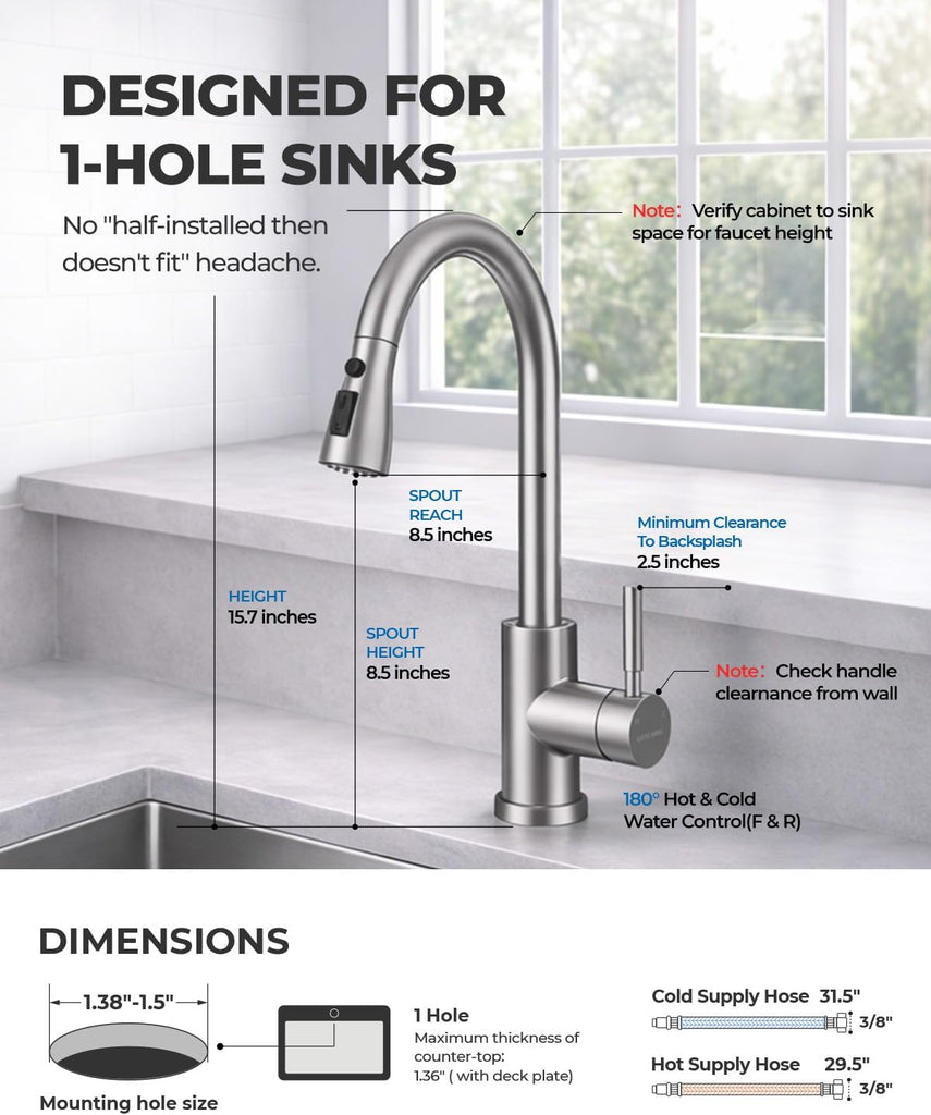 Kitchen Faucets with Pull Down Sprayer, Leak-Proof Stainless Steel Lead-Free Single Handle 1 Hole for Family Kitchen