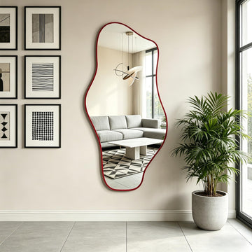47"x24" Irregular Wall Mirror, Red Asymmetrical Frameless Mirror