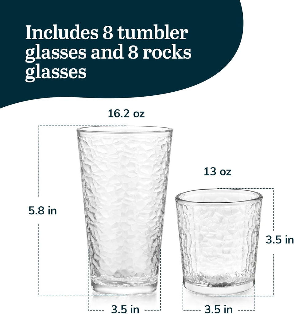 Yucatan Tumbler and Rock Drinking Glasses Set, Textured 16 Piece Glassware Set, All Purpose Glass Cups for Events and