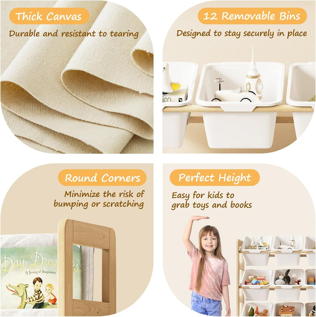 Toy Storage Organizer with Bookshelf, Kids Toy Organizer and Storage Shelf with 12 White Bins, Solid Pine Wood Book