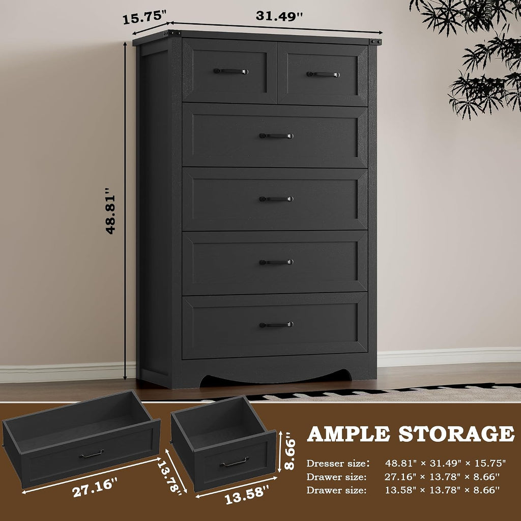 Tall 6-Drawer Dresser , Modern Wooden Chest of Drawers with Metal Handles, Anti-Tipping Design, Sturdy and Stable