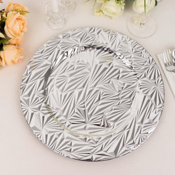 12-Pack Acrylic Charger Plates, Round 13" Metallic Silver Rock Cut Design with Beaded Rim - Decorative Dinner Serving