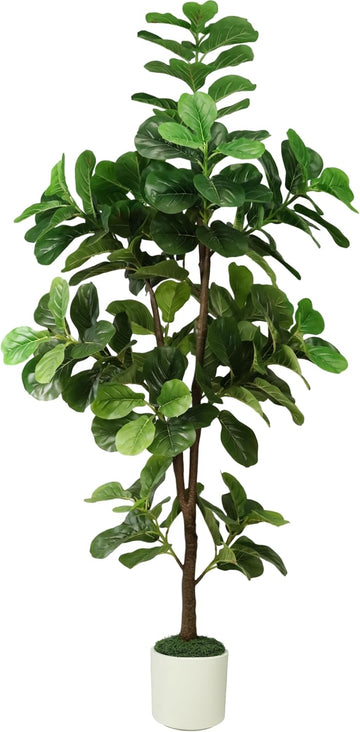 7FT Artificial Fiddle Leaf Fig Tree with White Planter & Fake Moss, Realistic Faux Ficus Lyrata Floor Plant Home