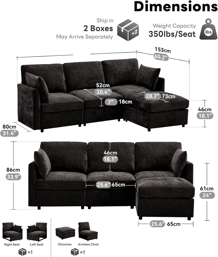 Sectional Couch , Comfy L Shaped Convertible Sofa, 4 Seater Modern Chenille Sofa with Ottoman,Black