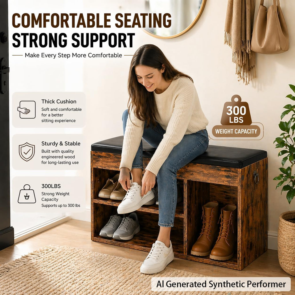 Shoe Storage Bench with Cushion, 32.3'' Entryway Bench with Lift Top Hidden Storage and Adjustable Shelves, Wooden