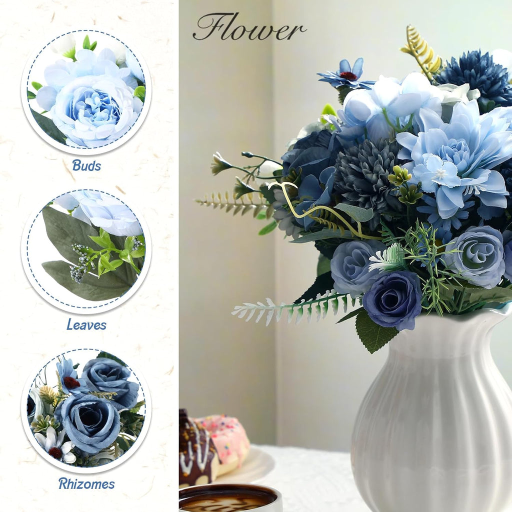 8 Pcs Gradient Blue Artificial Flowers Bouquet Peonies Silk Dahlia Faux Rose Fake Chamomile Hydrangea Floral