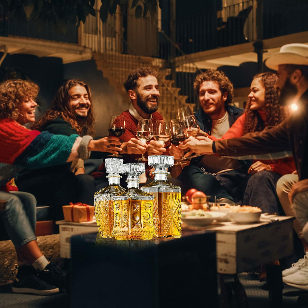 Whiskey Decanter, Premium Crystal Spirits Decanter for Scotch, Bourbon, Vodka & Whisky, Ideal Barware & Gift - Set of 3