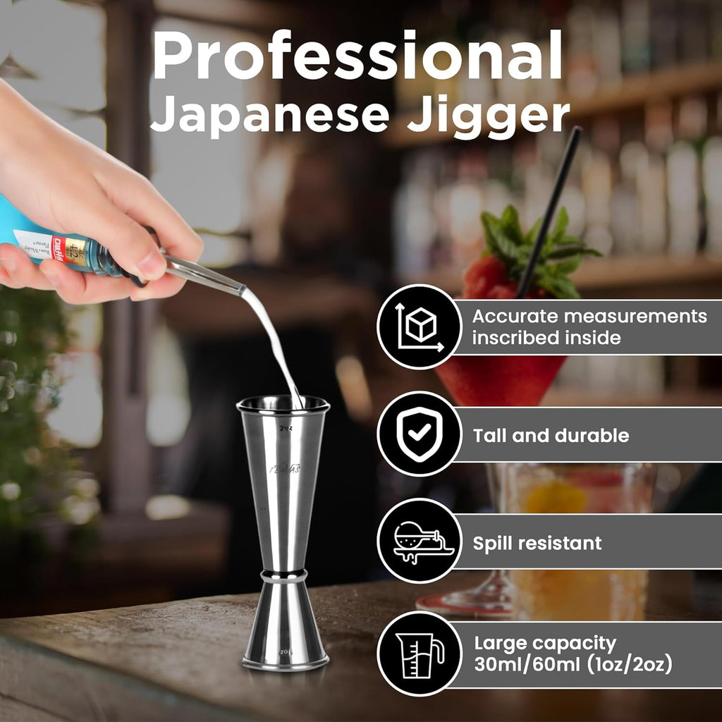 Mixology Bartender Kit with Japanese Jigger & Bamboo Stand - 25 Piece Stainless Steel Cocktail Making Set, Shaker