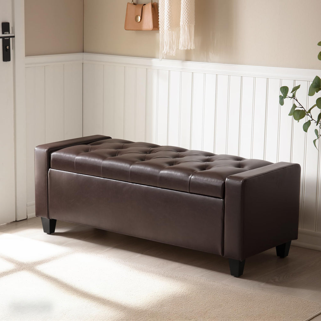 Ottoman with Storage, PU Leather Storage Bench(Dark Brown)