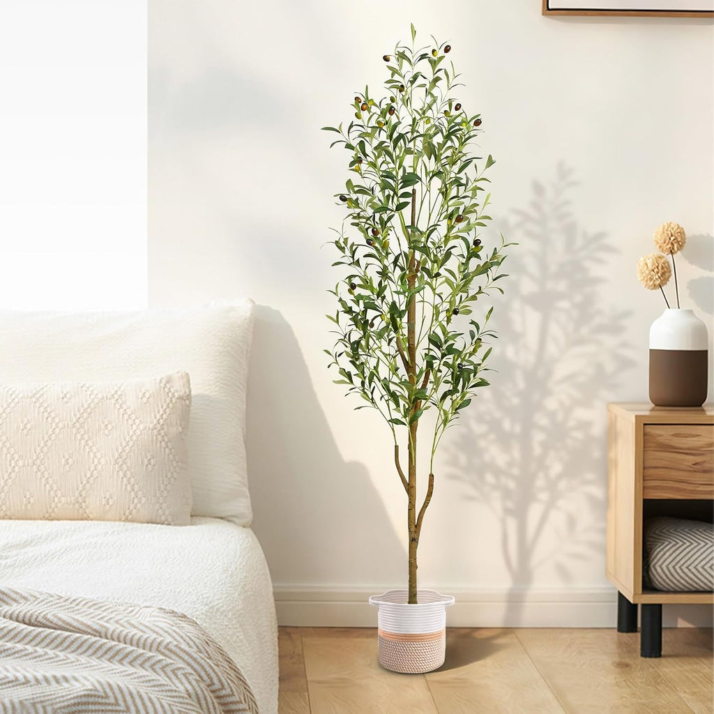Artificial Olive Tree, 6FT Tall Faux Olive Trees with Planter & Basket, Artificial Plants Indoor with Natural Wood