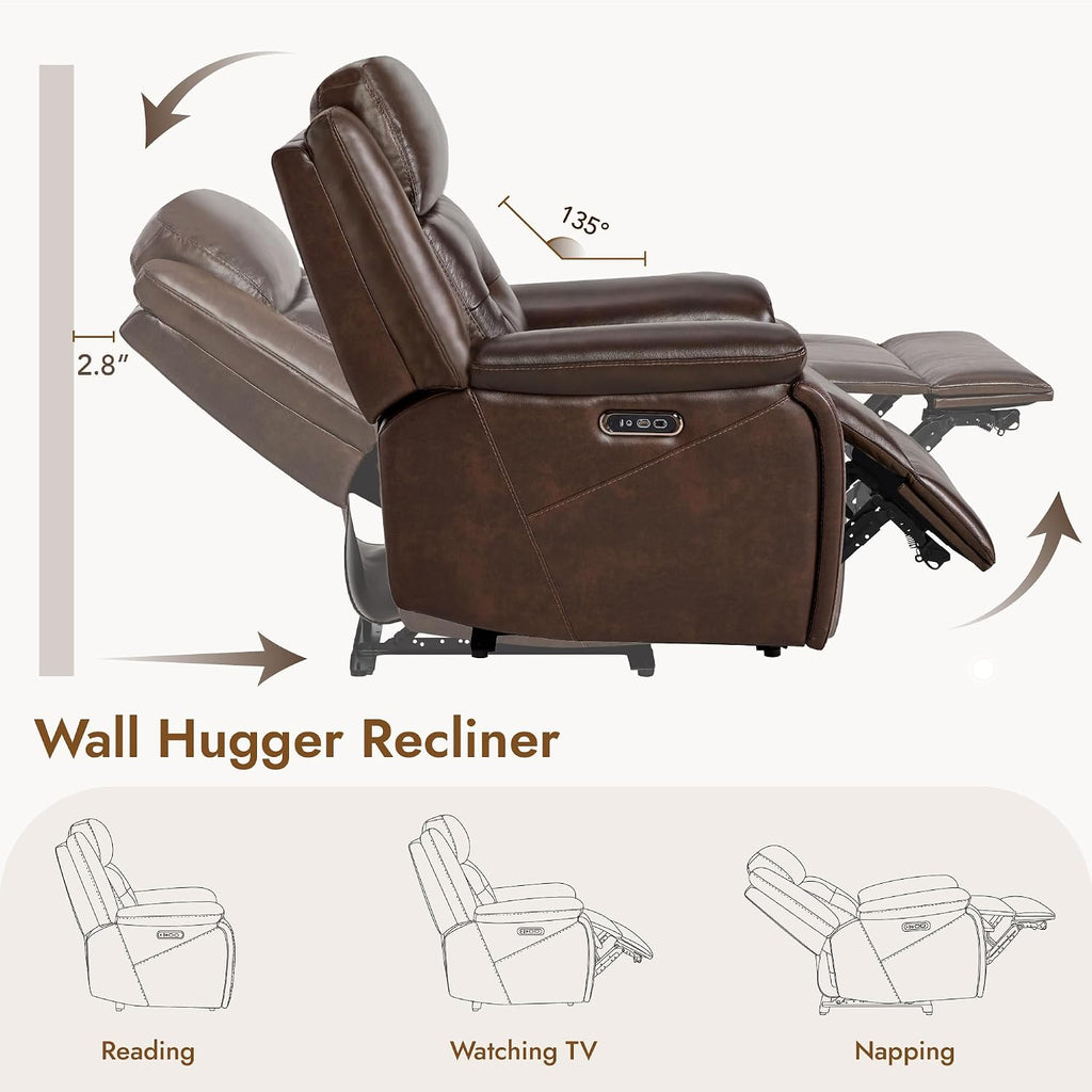 Genuine Leather Power Recliner Chair for Adults, Wall Hugger Recliner with Power Headrest, Cup Holders & Charging
